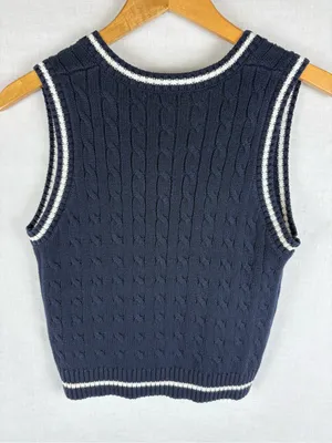 John Galt Navy Blue Cable Knit V-Neck Sweater Vest thumbnail 5