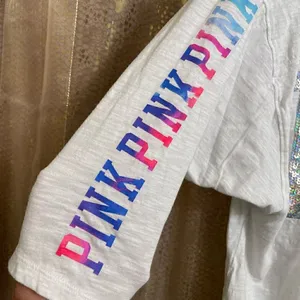 PINK Victoria’s Secret Watercolor Sequin Bling Oversized White T-Shirt, M thumbnail 5