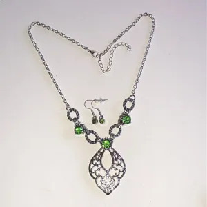 Silver Tone Filigree Pendant Necklace with Green Crystal Accents thumbnail 3