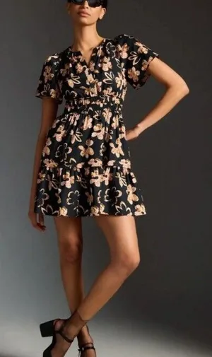 Anthropologie Black 100% Cotton Floral Print Somerset Mini Dress - Size - XL thumbnail 1