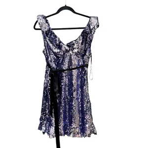Free People Silver Blue Sequin Mini Dress V-Neck Open Back Ruffle Size 0 NEW thumbnail 3