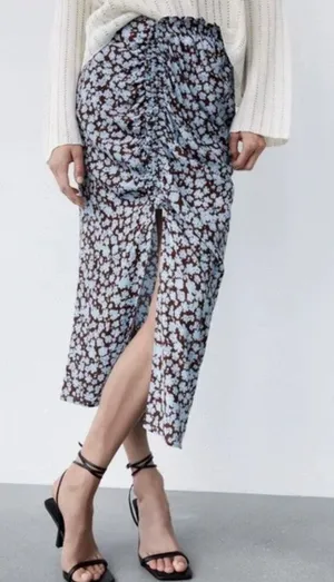 NWT Zara Draped Floral Print Skirt Brown‎ Blue thumbnail 1