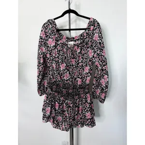LoveShackFancy Mini Dress Pink Black Floral Smocked Ruffle Cotton thumbnail 3
