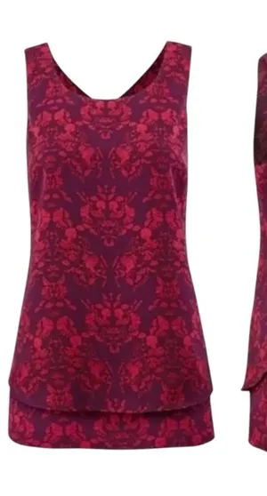 Cabi Sleeveless Blouse Medium Purple Pink Print V-Neck Layered Hem Top thumbnail 1