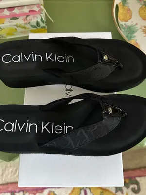 Calvin Klein Women's Mulan Logo Black Wedge Thong Slides Sandals Size 10 NIB thumbnail 4