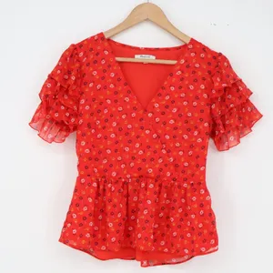 Madewell Top Womens 2 Peplum Wrap Red Floral Ruffle Sleeve Metallic Excellent thumbnail 1