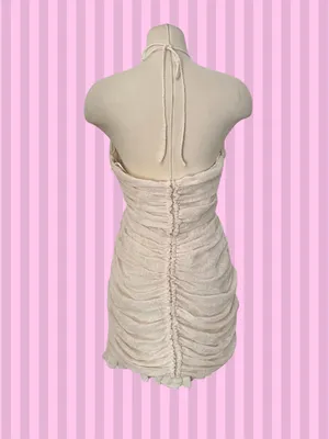 Miou muse ruched ruffle halter neck mini dress off white cream textured coquette thumbnail 2