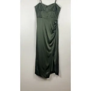 ZARA Green Satin Ruched Sweetheart Slip Midi Dress Spaghetti Strap Size S thumbnail 3