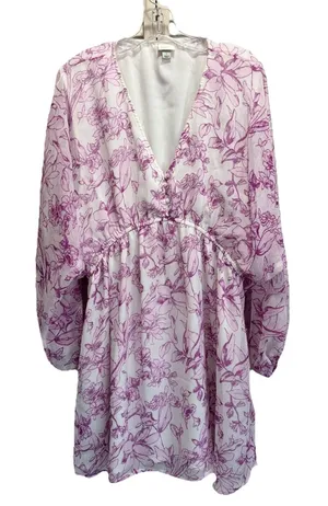 A New Day‎ Chiffon Floral Short Dress Size L Long Sleeve Lined Ruffle Purple/Wh thumbnail 1