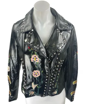 Elli White Black Faux Leather Floral Embroidered Studded Moto Biker Jacket Sz S thumbnail 1