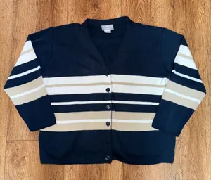VTG Jaclyn Smith Navy Blue Striped Button Front Cardigan & Top Sweater Womens M thumbnail 1