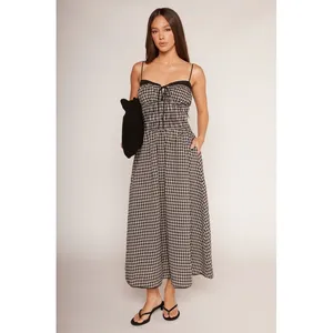 NIA Black Tan Gingham Smocked Midi Thomas Dress Lace Trim Pockets Womens Medium thumbnail 12