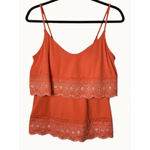 Women’s Tankini Swim Top Coral Pink Eyelet Lace Ruffle Padded Strappy 14” thumbnail 3