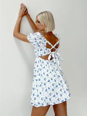 Princess Polly Blue Floral Puff Sleeve Mini Dress Cotton White Tie Back US 8 thumbnail 4