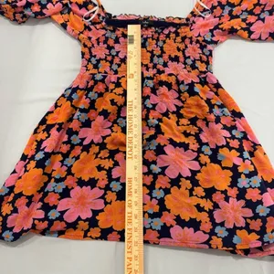 Lulus Navy Pink Orange Floral Smocked Puff Sleeve Mini Dress Size M‎ thumbnail 4