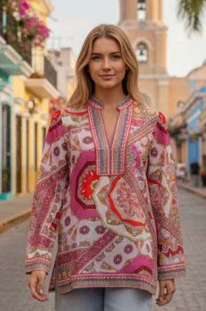 NWT HALE BOB Joanna Voile Fuchsia Beaded Long Flared Sleeve Tunic Top Silk Blend thumbnail 1
