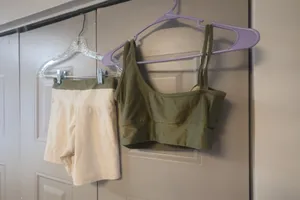 Workout exercise loungewear casual summer active shorts and one should top sports bra set in olive green and beige thumbnail 7