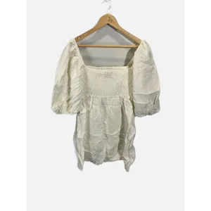 Tuckernuck Mini Dress Womens Medium White Smocked Linen Puff Sleeve Coastal thumbnail 5