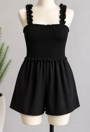 Vestique Women Black Smocked‎ Ruffle Strap Romper Small Cottage Core Casual Chic thumbnail 1
