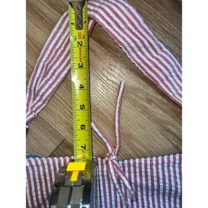 Red White Seersucker Striped Cotton Hobo Bag Navy Lining Zip Pocket Summer Tote thumbnail 8