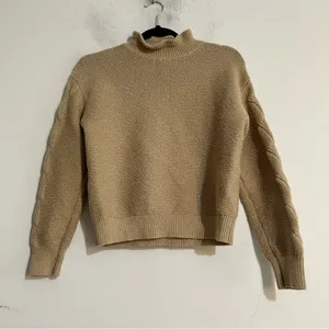 J. Crew Factory Mockneck Cable Sleeve Sweater Light Khaki Neutral Preppy Minimal thumbnail 1