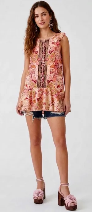 Free People "Summer in Tulum Floral Printed Linen Tunic Top - Size M⁠ thumbnail 1