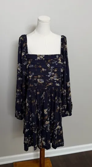 Arula Gracie Dress Fit & Flare Floral Square Neckline Pleats Smocked Ruffle Blue thumbnail 1
