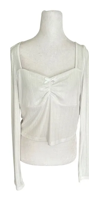 Ardene Pointelle Knit Long Sleeve Top Size XL White Ribbed Cinch Front Bow Y2K thumbnail 1
