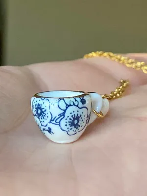 Handmade porcelain tea cup & freshwater pearl unique fun fairy antique style necklace🫖🍃🌀 thumbnail 6