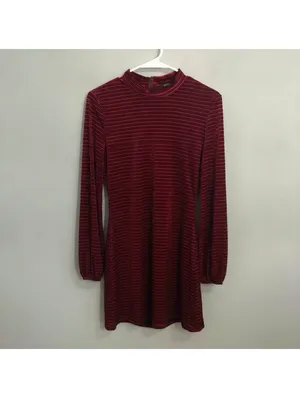 Lulus Velvet Stripe Mock Neck Mini Dress Women's S Burgundy Balloon Sleeves thumbnail 2