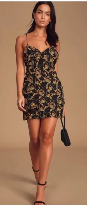 ASTR the Label Chain Print Faux Wrap Mini Dress XS Black Gold V Neck thumbnail 1