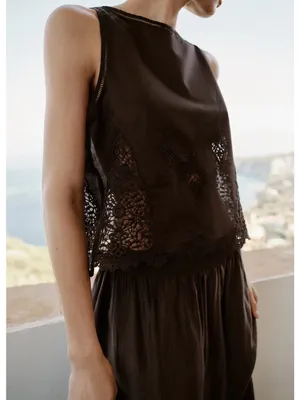 NWT Zara Brown Sleeveless Lace Trim Top thumbnail 2