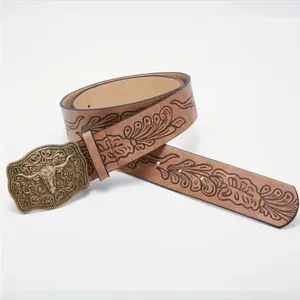 Western Bull Head Buckle Unisex‎ Belt Vintage Embossed Brown PU Leather Belt thumbnail 14