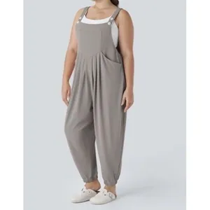Halara Waffle Knit Pleated Overalls Jumpsuit Mink Brown Adjustable Size L thumbnail 4