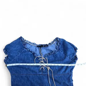 RARE Y2K Coquette Renaissance Whimsy Babydoll Sweetheart Corset Lace Up Top Shirt Blouse Romantic Trendy Denim Navy Blue Sz M #cottagecore #fairy Measurement in pics Great condition thumbnail 4