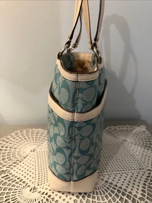 Coach Chelsea Teal and Cream Signature Stripe Tote. thumbnail 2