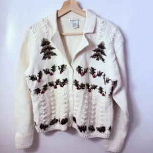 Vtg Wool Sweater Cardigan Womens L Chunky Ivory Cable Knit Cabincore Grandmacore thumbnail 1