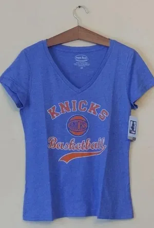 New York Knicks Porzingis NBA Womens V-Neck Tee by Majestic Threads L & 2X thumbnail 1