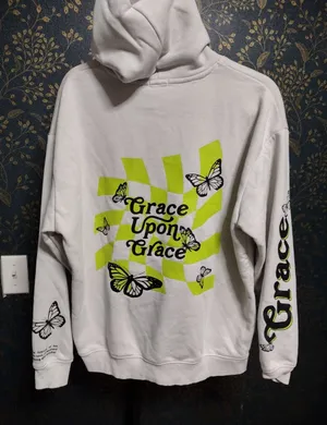 Grace Upon Grace Gray Hoodie with Neon Green Checker & Butterfly Graphic thumbnail 1