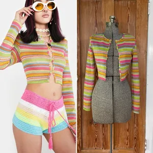 Blue Blush Rainbow Daze Knit Crop Cardigan - Size Medium thumbnail 2