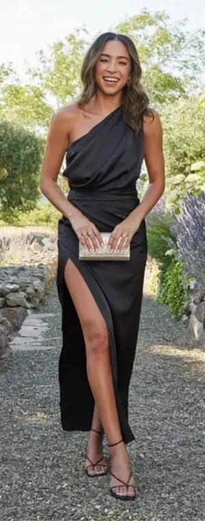 PETAL & PUP NADIA One-Shoulder Satin Maxi Dress Black 14 NWOT thumbnail 1