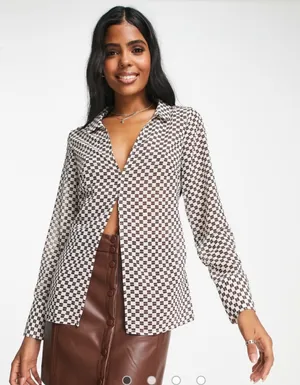 Abercrombie & Fitch Sheer Mesh Brown Checkered Blouse Long Sleeve Button Up Top thumbnail 1
