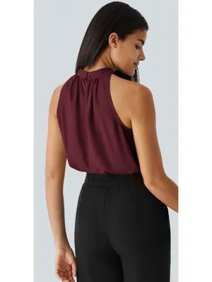 Halara M Burgundy High-Neck Sleeveless Halter Top Blouse With Keyhole Back Size thumbnail 3