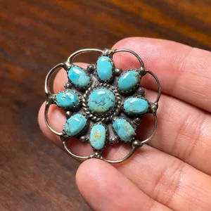 Vintage‎ Navajo Sterling Silver Turquoise Cluster Brooch Pin JW MS Signed 1.5in thumbnail 2