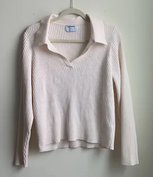 Old Navy Rib-Knit Johnny Collar Sweater Top (Sz XXL) White Ribbed Long Sleeve thumbnail 1