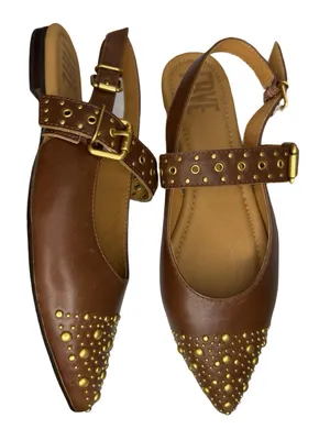 Frye HEATHER SLINGBACK STUDDED Flat Pointed gold & Walnut Leather thumbnail 1
