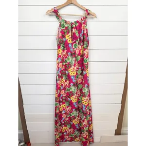 Anastassimo Maxi Dress Size M Pink Floral Print Gathered Neckline Vibrant thumbnail 3
