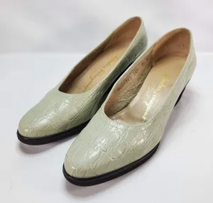 Salvatore Ferragamo Wedge‎ Pumps Sz 7.5 B Sage Green Croc Embossed Leather Italy thumbnail 1