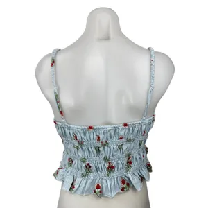 Free People We The Free Dolce Vita Blue Floral Ruffle Ruched Cami Tank Top Sz L thumbnail 4