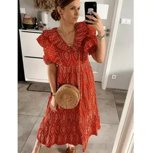 Zara Red Dress with Eyelet Embroidery Midi Length Size Small‎ thumbnail 13